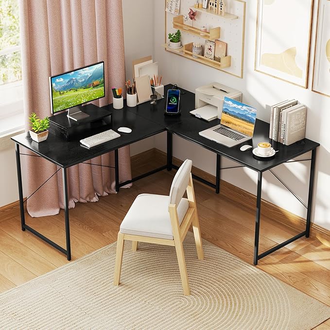 Tangkula L-Shaped Computer Desk with Power Outlets 95” Long 2-Person Desk with Monitor Shelf Modern Corner Desk Gaming Table with USB Ports for Home Office