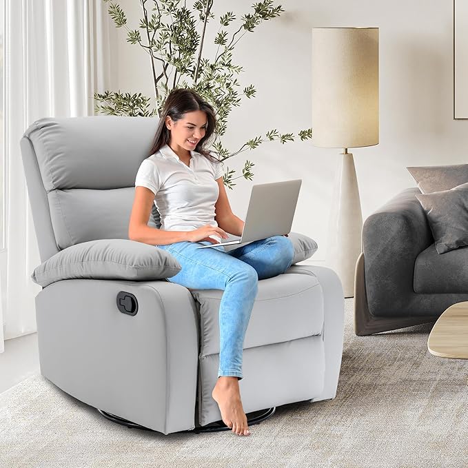 Swivel Rocker Recliner Small Recliners for Small Spaces with Overstuffed Arms and Back Manual Swivel Chairs for Living Room Nursery Bedroom Light Gray