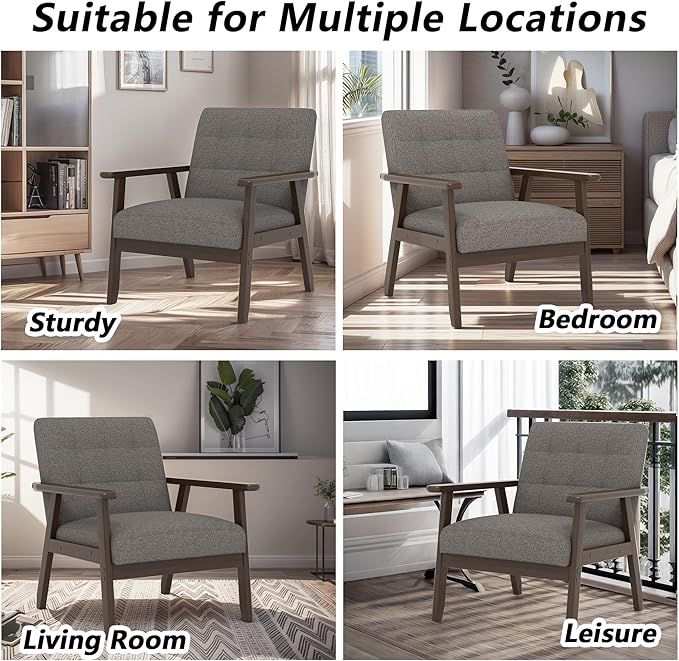 Modern Accent Chair with Wooden Table Upholstered Linen Fabric Leisure Side Chair with Arm Rest and Wooden Frame for Living Room Bedroom Reading (Gray)