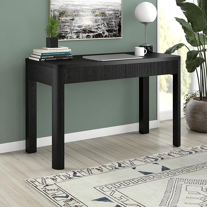 Henn&ampHart 48 Fluted Modern Rectangular Wooden Home Office Desk Computer Desk Writing Table with 2 Ribbed Storage Drawers for Bedroom Living Room or Home Office Natural Black