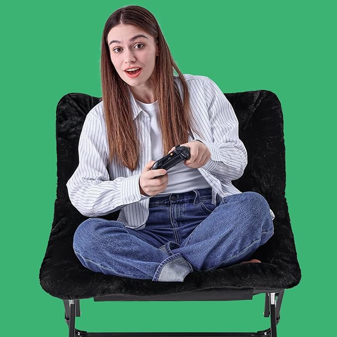 OAKHAM Comfy Chair for Adults Soft Faux Fur Folding Lounge for Bedroom Living Room Dorm Rooms Flexible Reading Chair for Teens Kids X-Large Foldable (Faux Fur-Black)