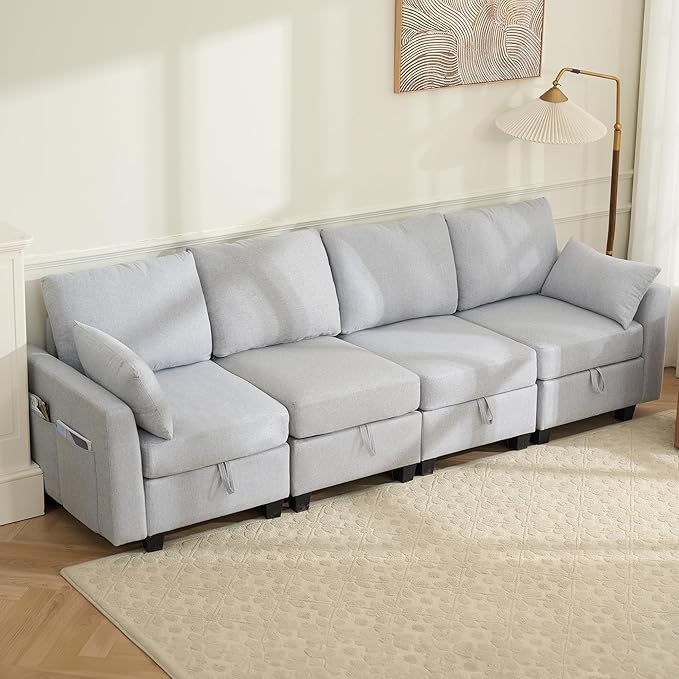 Convertible 4 Seats Sectional Sofa Couch Linen Fabric Modular Sofa with Storage Space for Small Apartments Living Room Office and Commercial Space Light Gray