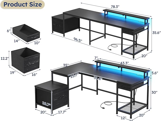 95.6'' Office Desk with LED Lights &amp Power Outlets L Shaped Gaming Desk with Drawers Two Person Computer Desks with Monitor Stand for Home Office Study Room and Bedroom Black