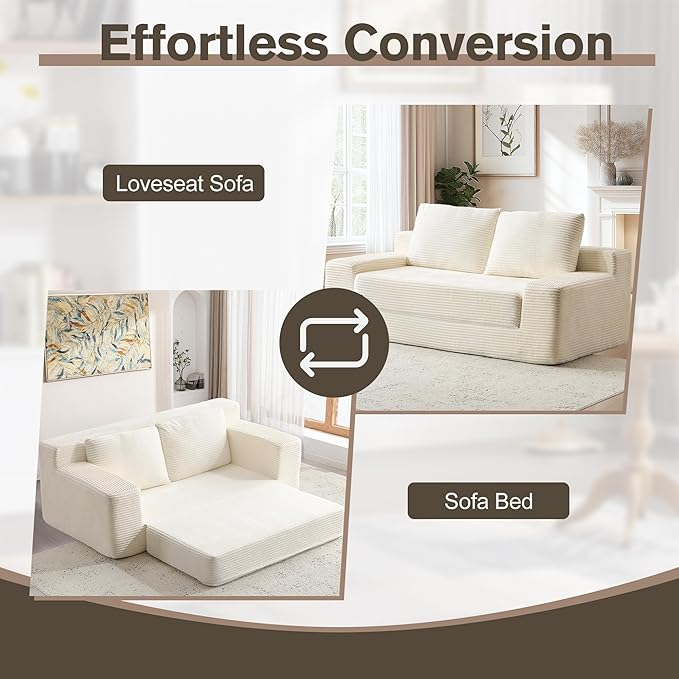 71 Oversized Loveseat Pull Out Sofa 2 in1 Convertible Loveseat Sofa with Pillows Corduroy Folding Couch Bed with Deep Seat Boneless Couch for Small Room No Assembly Required White