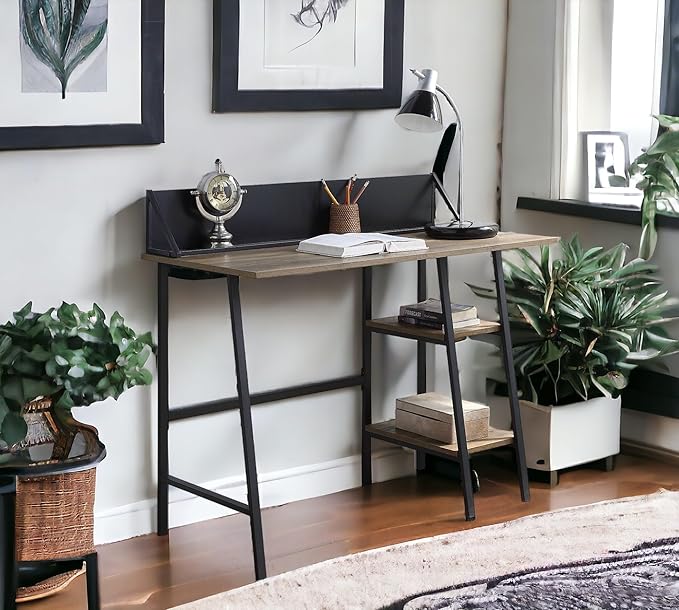 Penau Rustic Oak Writing Desk with Black Finished Legs 2-Tier Shelf Smartphone Holder Modern Design for Home Office