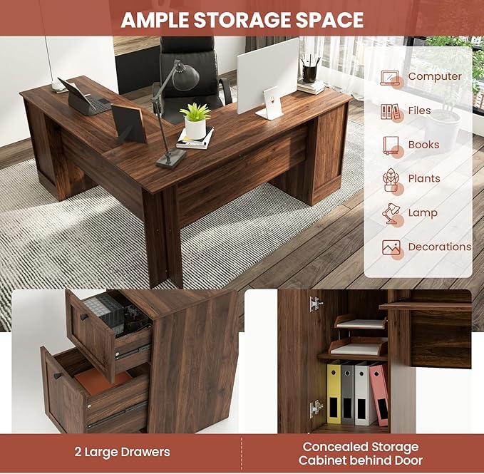 Tangkula L-Shaped Office Desk with Storage Drawers &amp Keyboard Tray Home Office Corner Computer Desk with Cabinet &amp Inner Adjustable Shelf Space-Saving Study Writing Desk Computer Workstatio