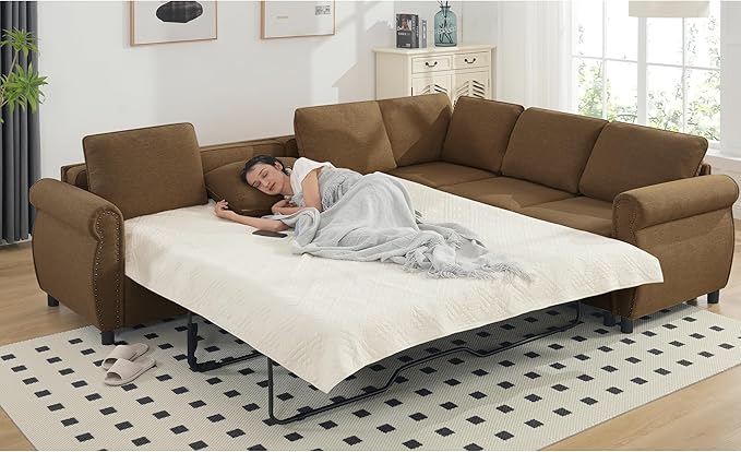 TTK 104 L-Shaped Convertible Sectional Sofa Bed 6-Seater with Pull Out Queen Size Daybed Memory Foam Mattress &amp Arms Easy Assembly Riveted Sofa for Living Room Brown
