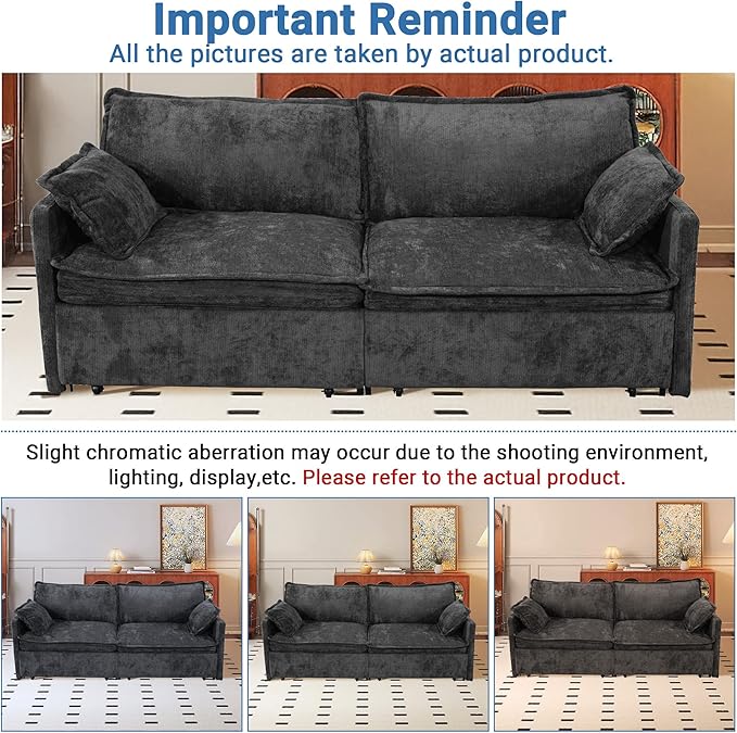 73 Sleeper Sofa Bed 3-in-1 Pull Out Couch with USB/Type-C Charging &amp Side Pockets Convertible Chenille Loveseat Chaise Lounge Space-Saving Sofa for Living Room Black