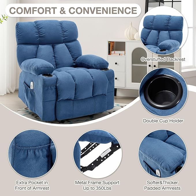 Massage Rocker Recliner Chair with Heat and Vibration Ergonomic Rocking Lounge Chair for Living Room Comfy Overstuffed Recliner with 4 Side Pockets2 Cup Holders USB Charge PortBlue