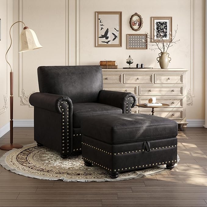 ONBRILL Nailhead Trim Accent Chair Faux Leather Club Chair for Living Room Comfy Armchair with Springs Cushions &amp Solid Wood Legs Traditional Rolled Arms Single Sofa for Bedroom Apartment Bla