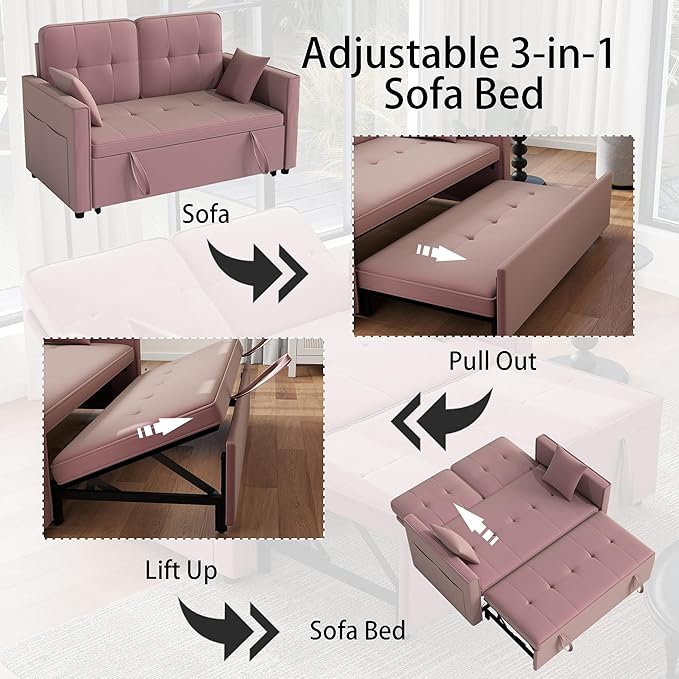 Pink Convertible Sofa Bed: 3 in 1 Sleeper Sofa Couch Bed Pull Out Couch with Adjustable Backrest Velvet Convertible Loveseat Sleeper for Living Room for Living Room(Pink)