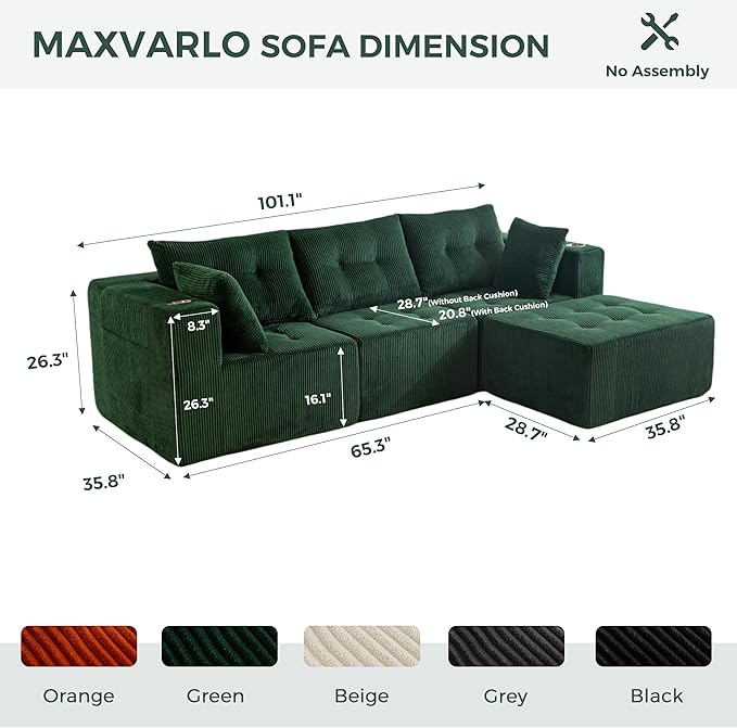 MAXYOYO Modular Sectional Sofa Couch L Shaped Modern Cloud Couch with Ottoman Sofa in A Box Tufted 4-Seat Boneless Sleeper Chair for Living Room No Assembly Required Green