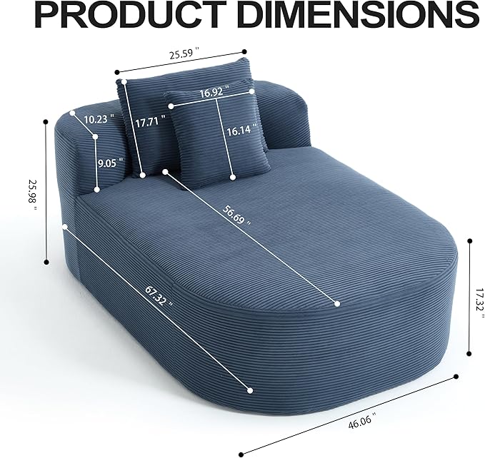 46 Chaise Lounge Chair Indoor Cloud Sleeper Sofa Bed with Pillows Corduroy Upholstered Sofa Couch for Living Room Apart No Assembly Required Blue