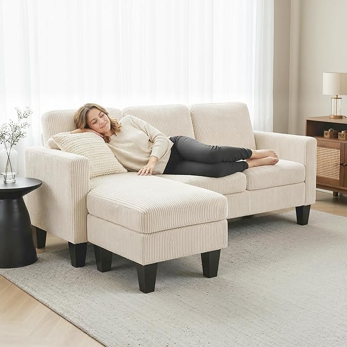HOMCOM 73 Sectional Sofa L Shaped Couch with Reversible Chaise or Ottoman Corduroy 3 Seat Sectional Couch for Living Room Bedroom Apartment 2200lb Capacity Cream White