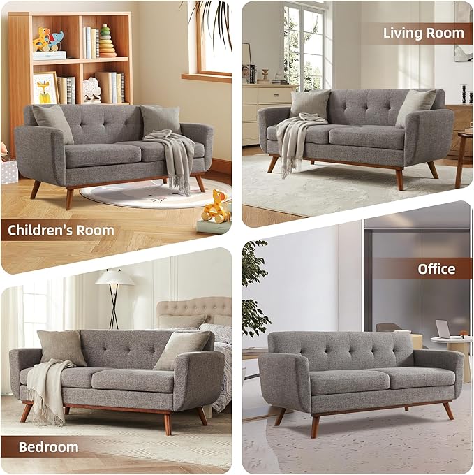 Kingfun Loveseat and Sofa Sets Mid Century Modern Linen Love Seat Couches for Living Room Button Tufted Upholstered Furniture Easy to Install Small Couch for Bedroom Office Apartment Grey