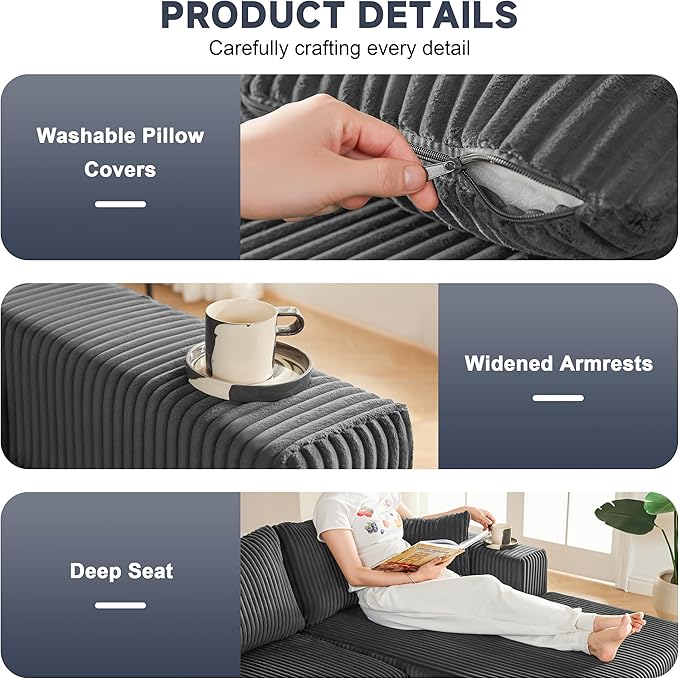 97 Modular Sectional Sofa L-Shaped Boneless Couch with Deep Seat Cozy Cloud Couch Sectional with Convertible Ottoman Modern Sectional Couches for Living Room（ Grey）