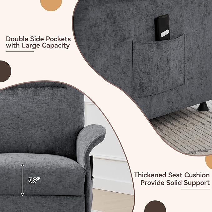 Power Recliner Chair for Adults Modern Reclining Single Sofa with Curved Armrest Comfy Ergonomics Electric Recliner Adjustable Reading Chair for Living Room Bedroom Chenille Light Grey