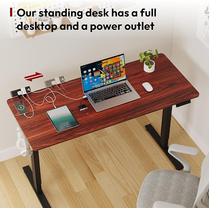 SANODESK Electric Standing Desk with Desk Clamp Power Strip 40x 24 Whole-Piece Desktop Height Adjustable Stand Up Desk with Cable Management Sit Stand Home Office Desk Black Frame/Mahogany Top