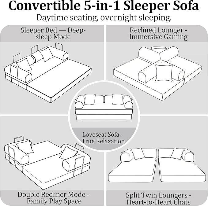 87'' Convertible Compressed Corduroy Folding Cloud Sofa Bed Modern Modular Boneless Pull Out 3 Seater Sleeper in a Box 5 in 1 Foldable Floor Mattress Couch No Assembly Need Yellow Pillows King