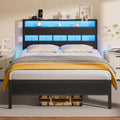 Furnulem Full Size Bed Frame with LED Light and Charging Station Wood Storage Headboard with 2-Tier Shelves Metal Platform Bed with Heavy Duty Slats Support No Box Spring Needed Black Oak