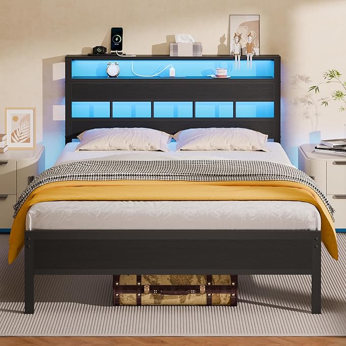 Furnulem Full Size Bed Frame with LED Light and Charging Station Wood Storage Headboard with 2-Tier Shelves Metal Platform Bed with Heavy Duty Slats Support No Box Spring Needed Black Oak