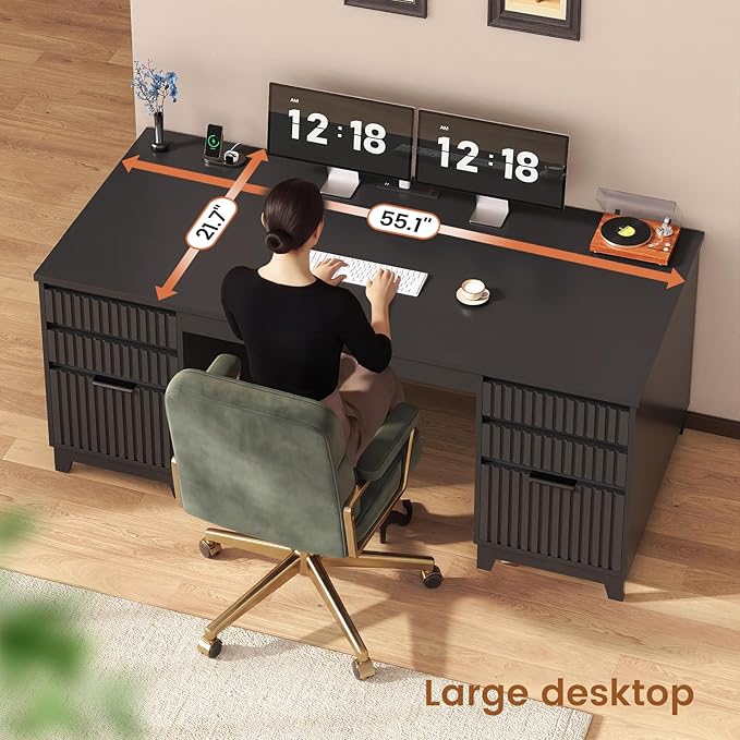 SEDETA 55.1 Fluted Office Desk with 6 Drawers Modern Executive Desk with Acrylic File Drawers Computer Desk with Power outlets for Home Office and Study (Black)