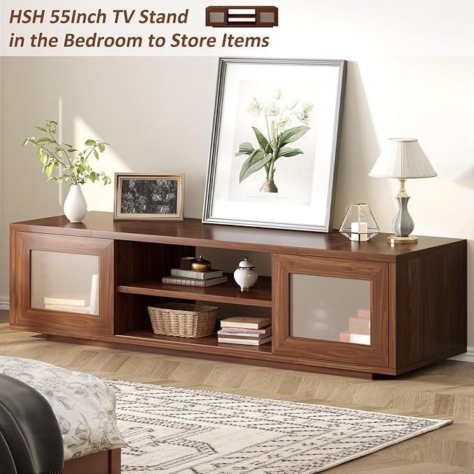 HSH Walnut TV Stand for 60 Inch TVsEntertainment Center with Storage and Sliding DoorsFarmhouse Low Tv Stand Wood for Living RoomMedia Console Cabinet for Bedroom55 Inch