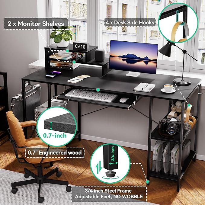 Workstation Desk with Keyboard Tray 55 Inch Computer Desk with Storage Shelves Monitor Stands and 4 Iron Hooks Industrial Desk for Home Office