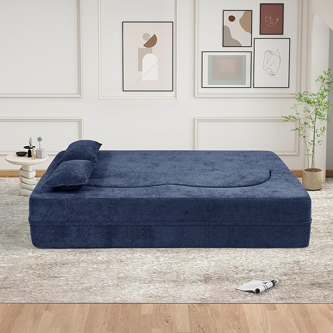 78 Convertible Sofa Bed with Pillows Queen Sleeper SofaFoam Folding Mattress Sleeper Modern Teddy Fabric Floor Cushion and Futon Chaise Lounge SofaFor ApartmentsGuest RoomsGuest UseCondoBlue