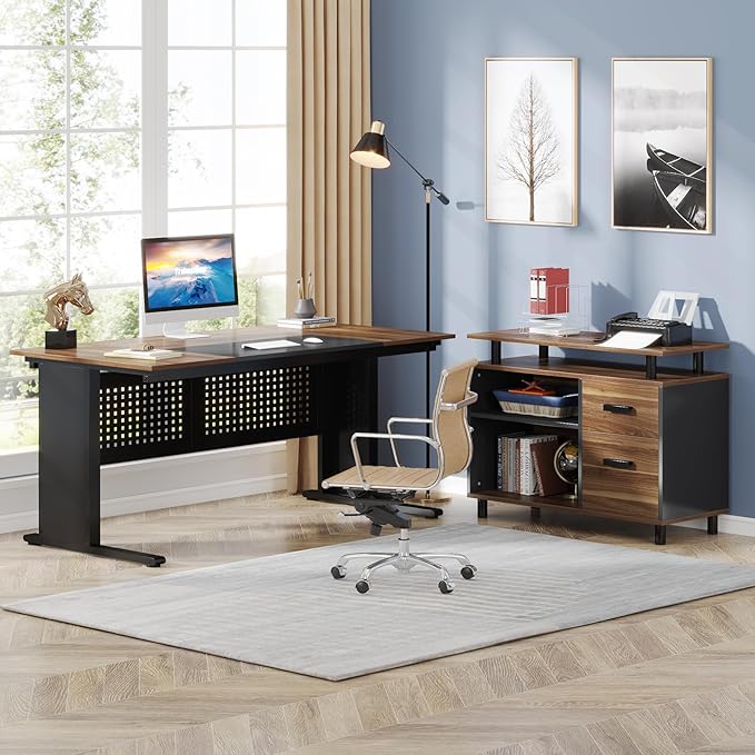 Tribesigns 63 Inch Executive Desk with File Cabinet Large Office Desk L Shaped Computer Desk with Drawers and Storage Shelves Business Furniture Desk Workstation for Home Office Brown and Black