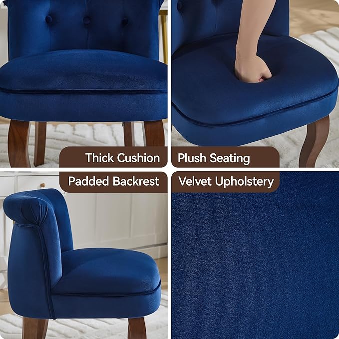 Velvet Vanity Chair with Back Tufted Upholstered Vanity Stool with Solid Wood Legs Mid Century Small Makeup Chair for Vanity Accent Chair for Bedroom Living Room Navy