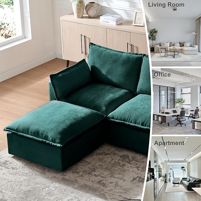 93.31 Inch L-Shaped Couch Sofa with Ottoman Modular Sectional Sofa with 4 Seats and Pillows for Home Living Room Modern Chenille Fabric Large Comfy Cloud Couch DIY Combination (Green-93inch)