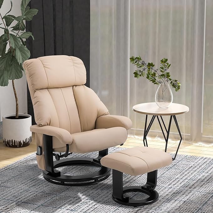 HOMCOM Massage Recliner Chair with Ottoman 360° Swivel Recliner and Footstool 10 Point Vibration PU Leather Reclining Chair with Side Pocket and Remote Control Beige