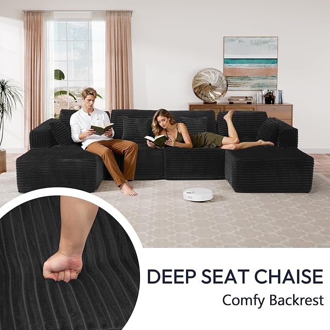 132 U Shaped Couch Modular Sectional Sofa with Chaise Flannel U Shaped Boneless Couch with Deep Seat Upholstered Modular Cloud Sofa for Living Room No Assembly Required Black Flannel