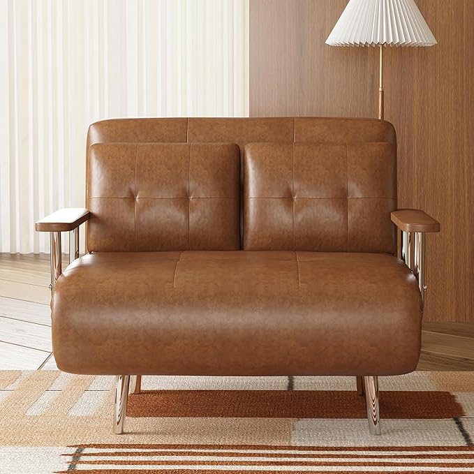 43.3 3-in-1 Modern Faux Leather Convertible Sofa Bed Brown Upholstered Sleeper Sofa with Sturdy Metal Frame &amp High-Density Foam Filling Ideal for Living Rooms Offices &amp Studies