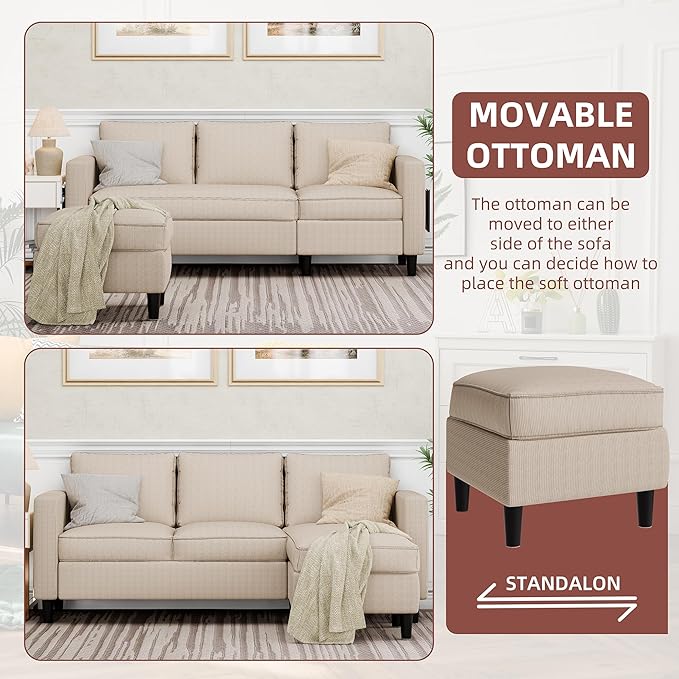 Walsunny 73 Sectional Sofa Couches 3 Seat L Shaped Couch with Ottoman Modern Small Sectional Couches for Small Space Apartment Office Khaki