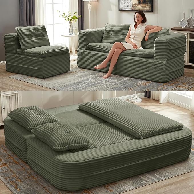 Convertible Sleeper Sofa Bed with Chaise Lounge Set80 King Folding Mattress Cloud Floor Loveseat CouchCorduroy Boneless Sectional Couch for Living Room Bedroom ApartmentGreen