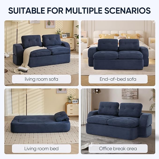 Sofa Bed Couch Convertible Futon Sofa Bed Foldable Boneless Couch No Assembly Love Seat Mattress Sleeper for Living Room Bedroom Apartment Navy