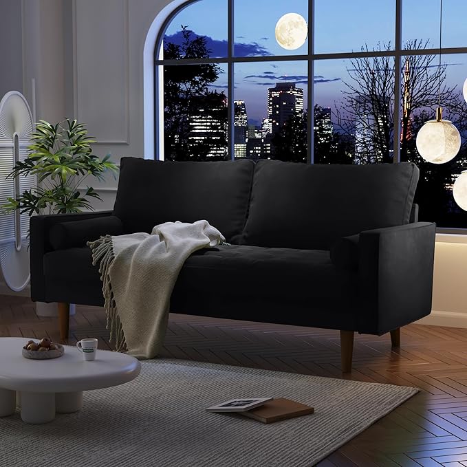 Loveseat Sofa70 Inch Velvet Couch for Living RoomSmall Couch Spring CushionsEasy Assembly Sofa Couches with Throw Pillow for Small Spaces (Black)