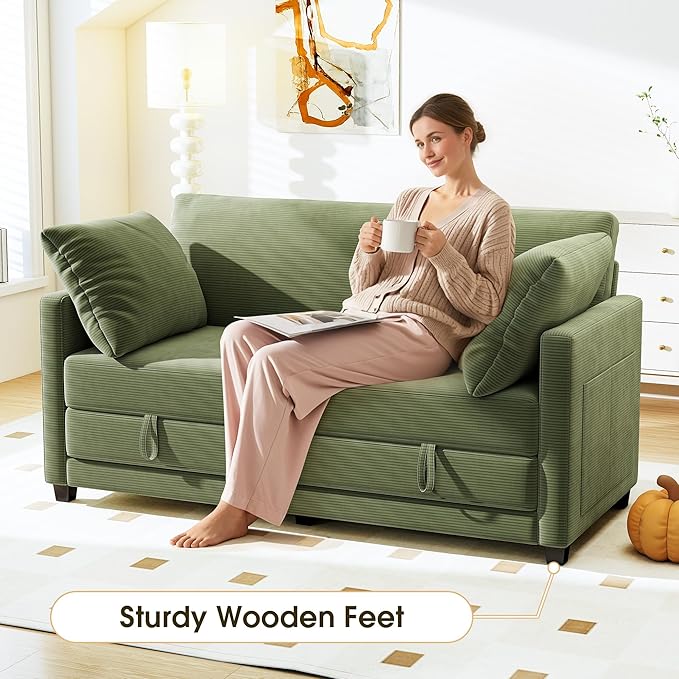 65 Convertible Loveseat Sofa Bed 2-in-1 Folding Sofa Bed with 2 Pillow for Small Spaces Modern Loveseat Sleeper Couch for Apartment Living Room &amp Guest Room (Green Corduroy 65 inch)