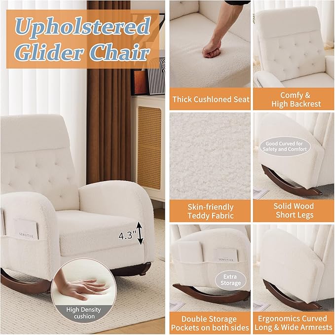 VINGLI Teddy Fleece Low Seat Rocking ChairBoucle Upholstered Nursery Glider Chair with Side PocketsAccent Arm Chair with High BackrestComfy Head RestSolid Woodfor Living Room BedroomBeige
