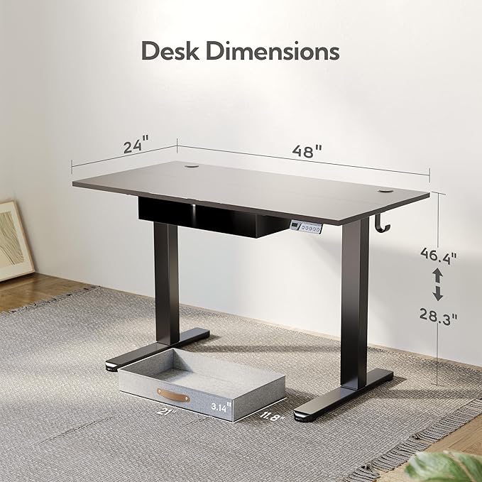 Seang Standing Desk with Drawer 48 x 24 Height Adjustable Stand Up Desk 3 Memory Height Settings with Cable Grommets &amp Storage Hooks Ideal for Home &amp Office Black