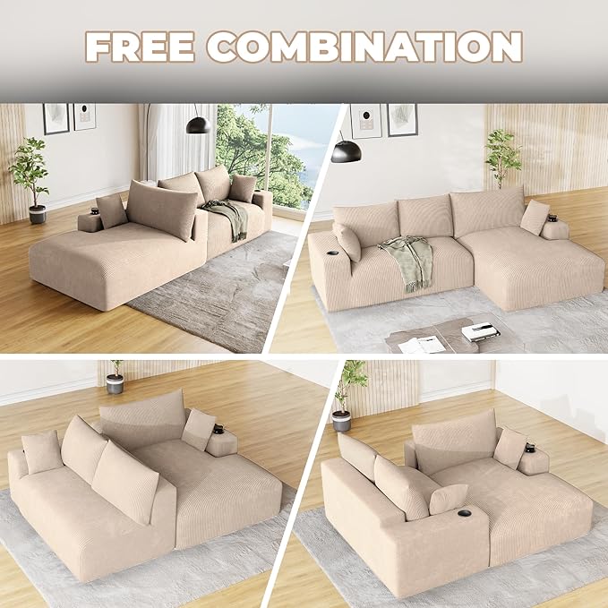 113 Modular Sectional Sofa Cloud Couch Modern Deep Seat Fluffy Corduroy Boneless Couch with Cup Holder Comfy L Shaped Sectional Couches for Living Room Bedroom. (Right Facing Camel)