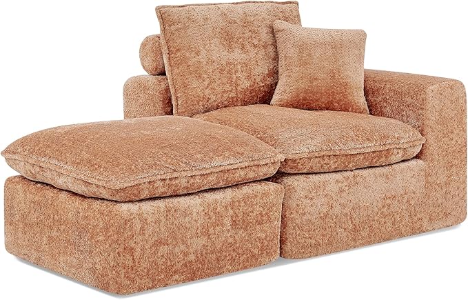 L-Shaped Boneless Modular Sectional Cloud Couches 6 Seat Modular Boucle Floor Foam Boneless Sofa Couch with Ottoman Headrest Pillows and Removable Cushions
