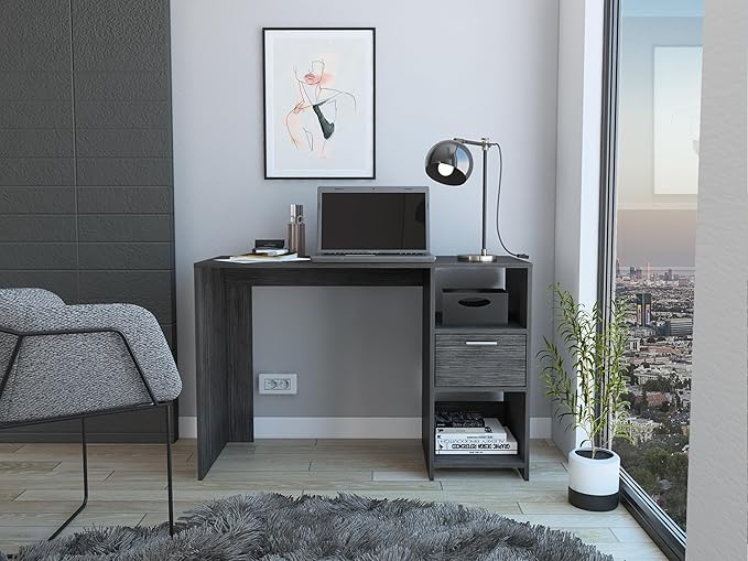 Penau Computer Desk with Drawer and Two Shelves Compact Design for Home Office Spacious Work Surface 43.3W x 17.0D Inches Grey Finish Open Storage Compartments