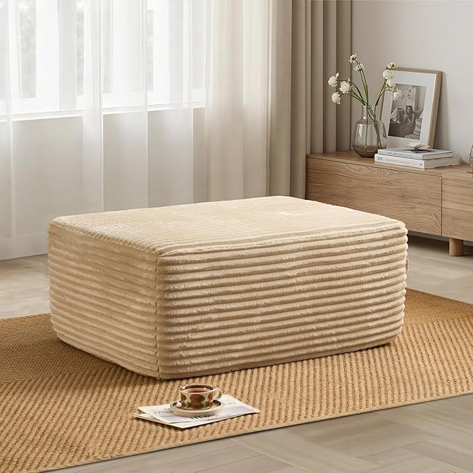 37 Plush Corduroy Ottoman Upholstered Cloud Ottoman for Boneless Couch in A Box Compressed Memory Foam Footrest No Assembly Require Beige