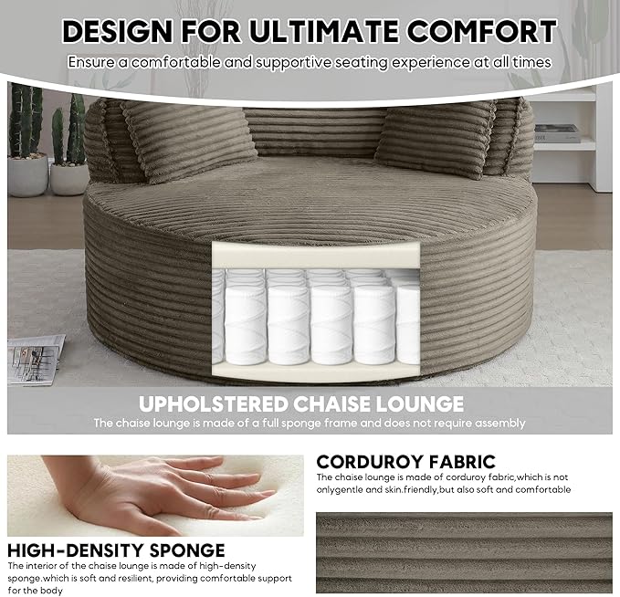 Oversized Round Chair Lounge Chaise Indoor 53.5 Corduroy Boneless Round Chair Fluffy Single Deep Seat Cloud Sofa Chairs Modern Circle Chaise Lounge for Bedroom Living Room Camel
