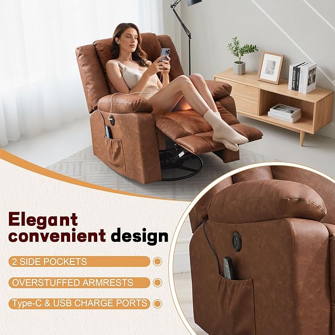Rocker Recliner Glider Recliner Chairs for Adults 360° Swivel Rocking Chair with Massage and Heating Nursery Chair with Storage and USB Charging for Living Room Bedroom Nursery