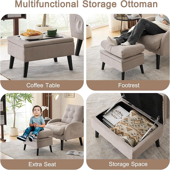 ELUCHANG Accent Chairs with Ottoman Upholstered Comfy Armchair with Adjustable Backrest&ampStorage Footrest Lazy Chair Reading Chair Leisure Sofa Recliner for Living Room Bedroom (Light Grey - Line