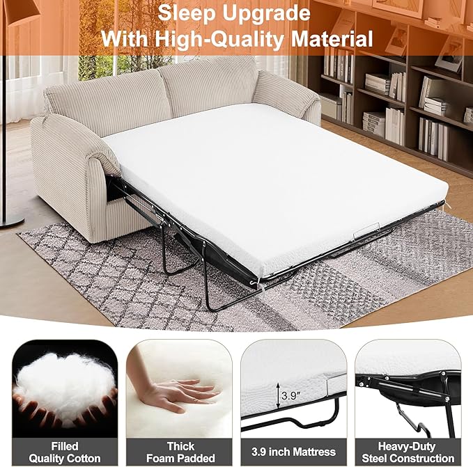 Pull Out Sofa Bed Corduroy Queen Sleeper Couch with Foam Mattress Large Sofa Sleeper Pullout Couch Bed for Living Room Office Queen Size (Beige Brown)